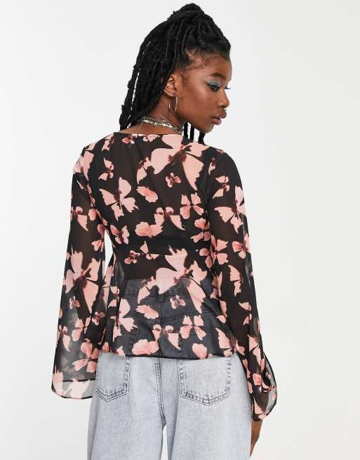 ASOS DESIGN volume sleeve sheer blouse with corset bust in butterfly print