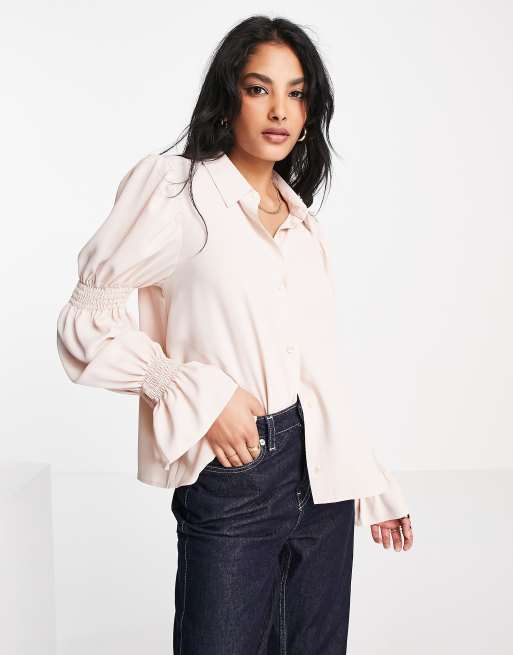 ASOS DESIGN volume sleeve shirt with ruffle cuff in oyster