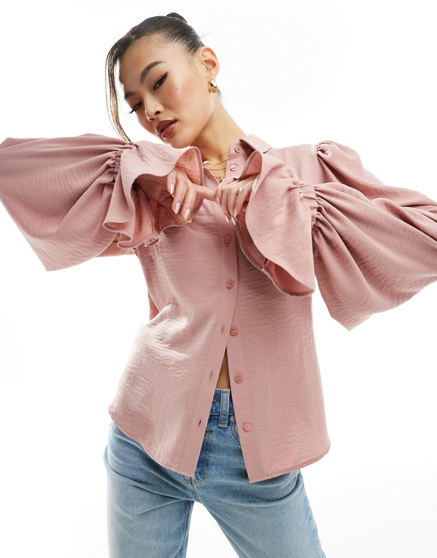 Asos Design Volume Sleeve Soft Shirt With Ruffle Cuff In Pink