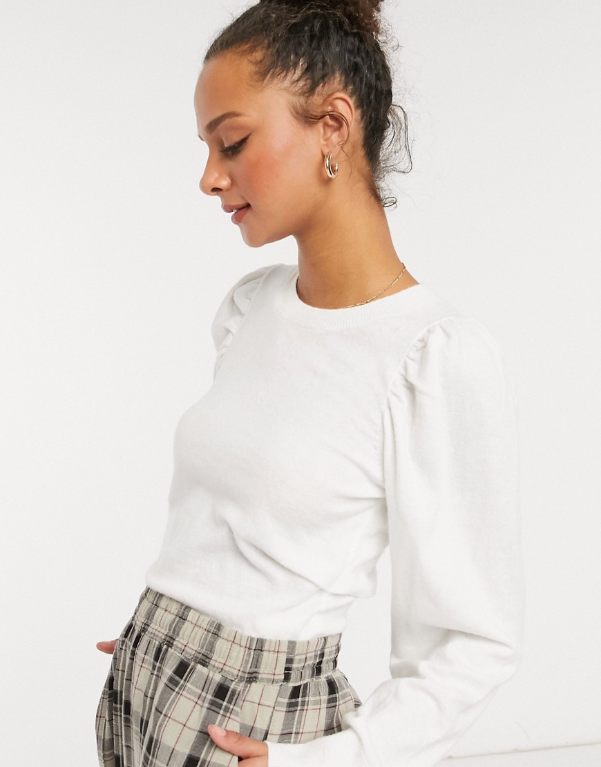 ASOS DESIGN VOLUME SLEEVE SWEATER WITH RUCHED WAIST IN WHITE,LATE NIGHT SWEATER