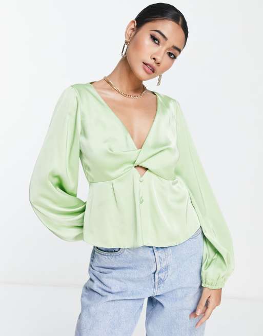 ASOS DESIGN volume sleeve top with twist front detail and cut out in apple