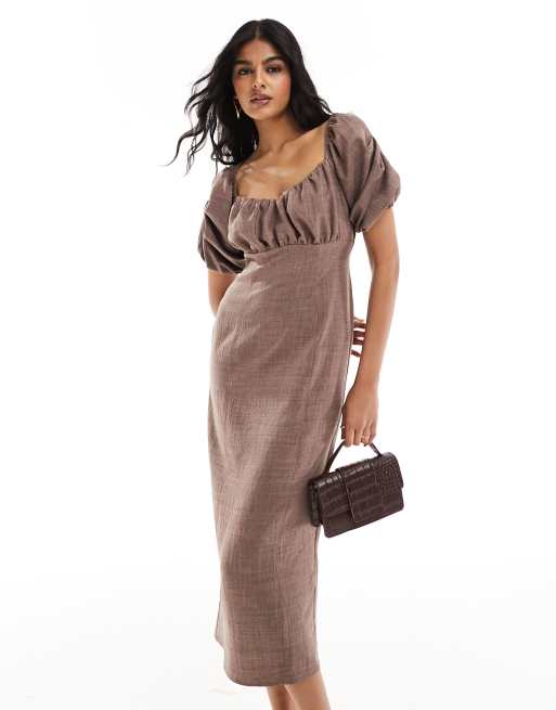 FhyzicsShops DESIGN volume sleeve with ruched bodice midi dress in chocolate