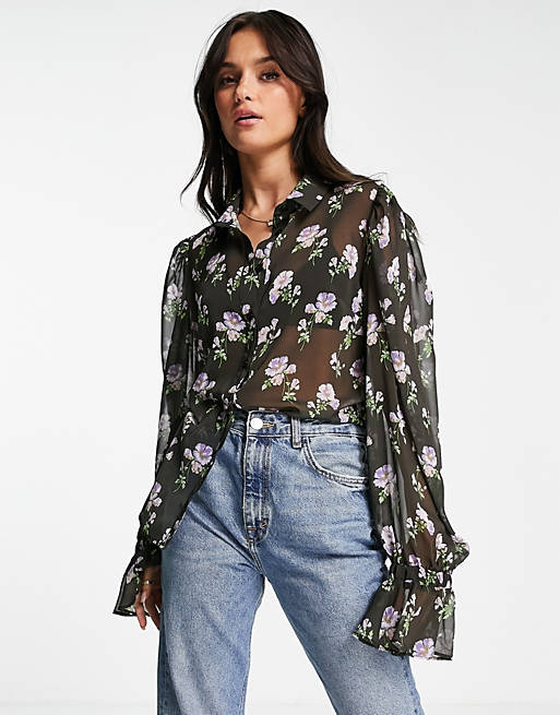 Tops Shirts & Blouses/volume sleeved shirt with frill cuffs in purple floral print 