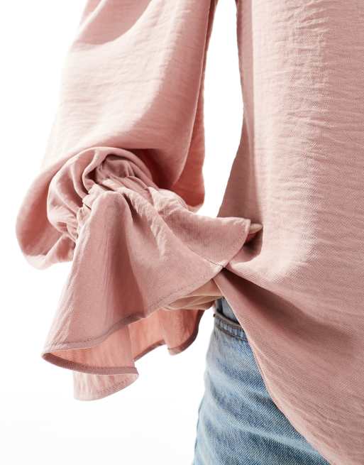 ASOS DESIGN volume sleeved soft shirt with ruffle cuff in pink, 2 of 4