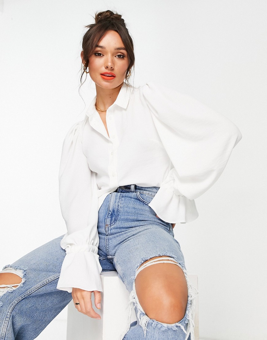 ASOS DESIGN volume sleeved soft shirt with ruffle cuffs in ivory-White