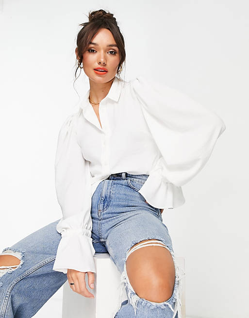 ASOS DESIGN volume sleeved soft shirt with ruffle cuffs in ivory