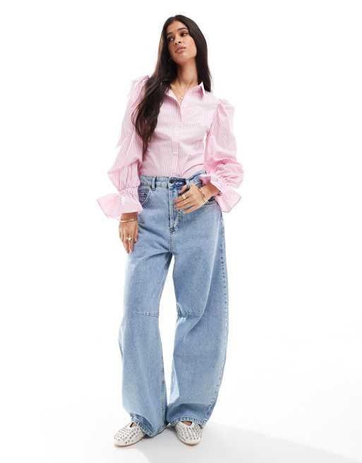 ASOS DESIGN volume sleeved soft shirt with ruffle cuffs in pink stripe, 4 of 4