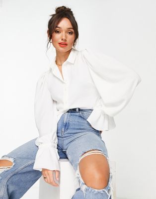 Shop Asos Design Volume Sleeved Soft Shirt With Ruffle Cuffs In Ivory-white