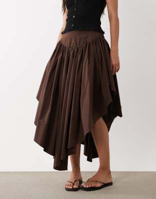 Asos Design Volume Waterfall Midi Skirt In Brown