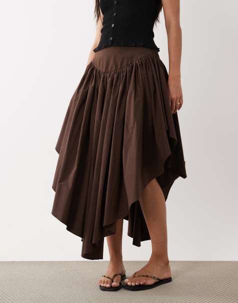 ASOS DESIGN volume waterfall midi skirt in chocolate - view 1