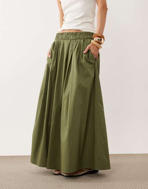 ASOS DESIGN - Volumineuze midirok met elastische taille in kaki, 2 van 5