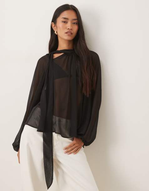 ASOS DESIGN – Voluminöse Bluse in Schwarz mit Bindeband am Ausschnitt und voluminösen Ärmeln - view 1