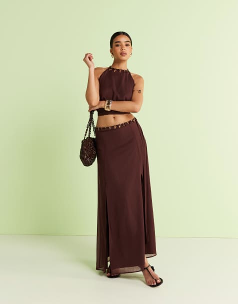 ASOS DESIGN – Voluminöser Maxirock in Braun mit Zierausschnitten und Perlenverzierung, Kombiteil - view 1