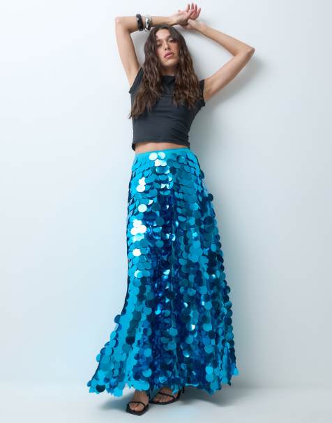 ASOS DESIGN – Voluminöser Maxirock in Türkis mit rundem Paillettenbesatz - view 1