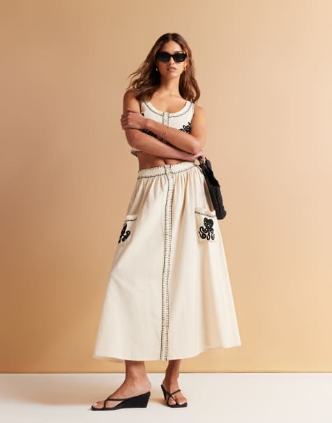 ASOS DESIGN – Voluminöser Midirock in Natural mit Kontrastnaht, Kombiteil - view 1