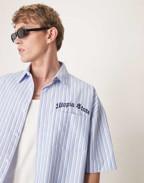 ASOS DESIGN – Voluminöses, kastiges Oversize-Hemd mit Streifen und Stickerei - view 1