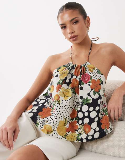 ASOS DESIGN – Voluminöses, kurzes Neckholder-Trägertop mit Polka Dots, Obst- und Blumenmuster - view 1