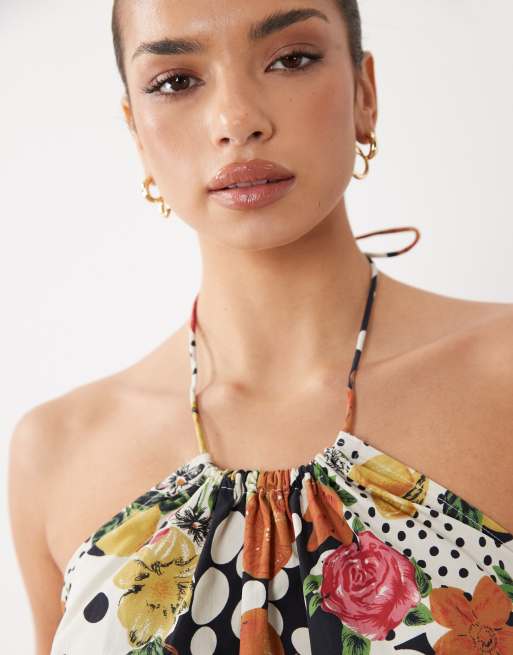 ASOS DESIGN – Voluminöses, kurzes Neckholder-Trägertop mit Polka Dots, Obst- und Blumenmuster, 2 von 4