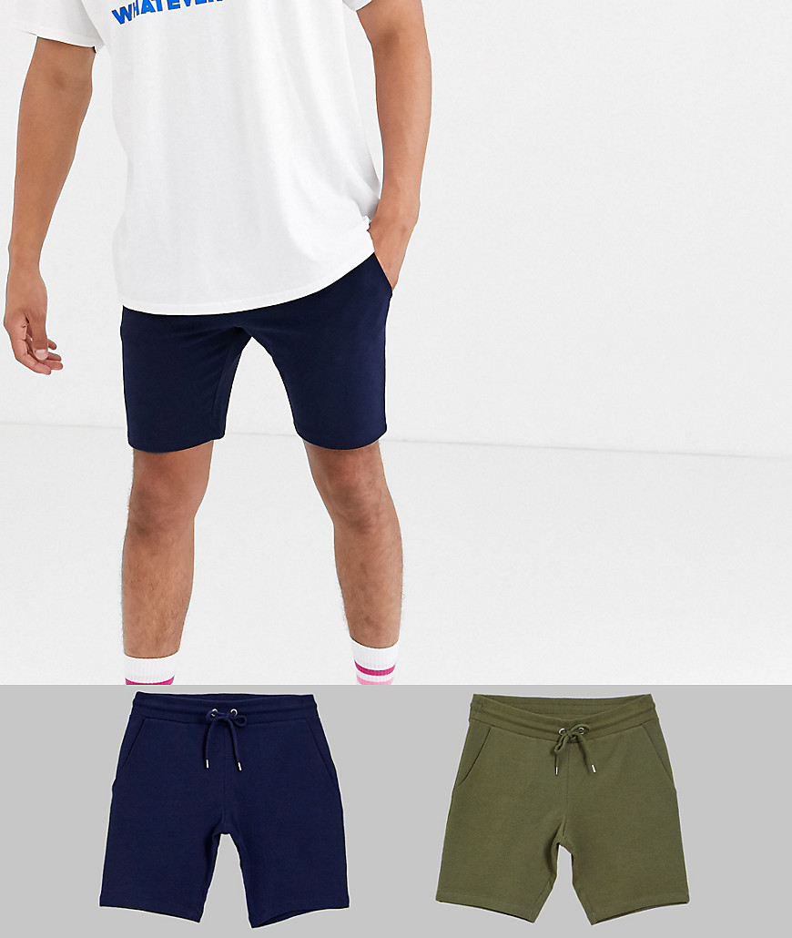 ASOS DESIGN - Voordeelset van 2 jersey skinny shorts in marineblauw/kaki-Multi