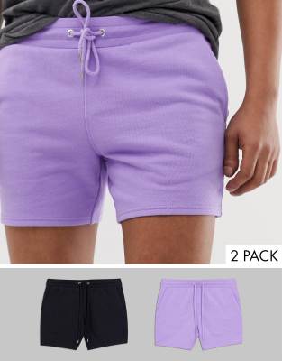 ASOS DESIGN  Enge, kürzer geschnittene Jerseyshorts im 2er-Pack, Lila/Schwarz Mehrfarbig
