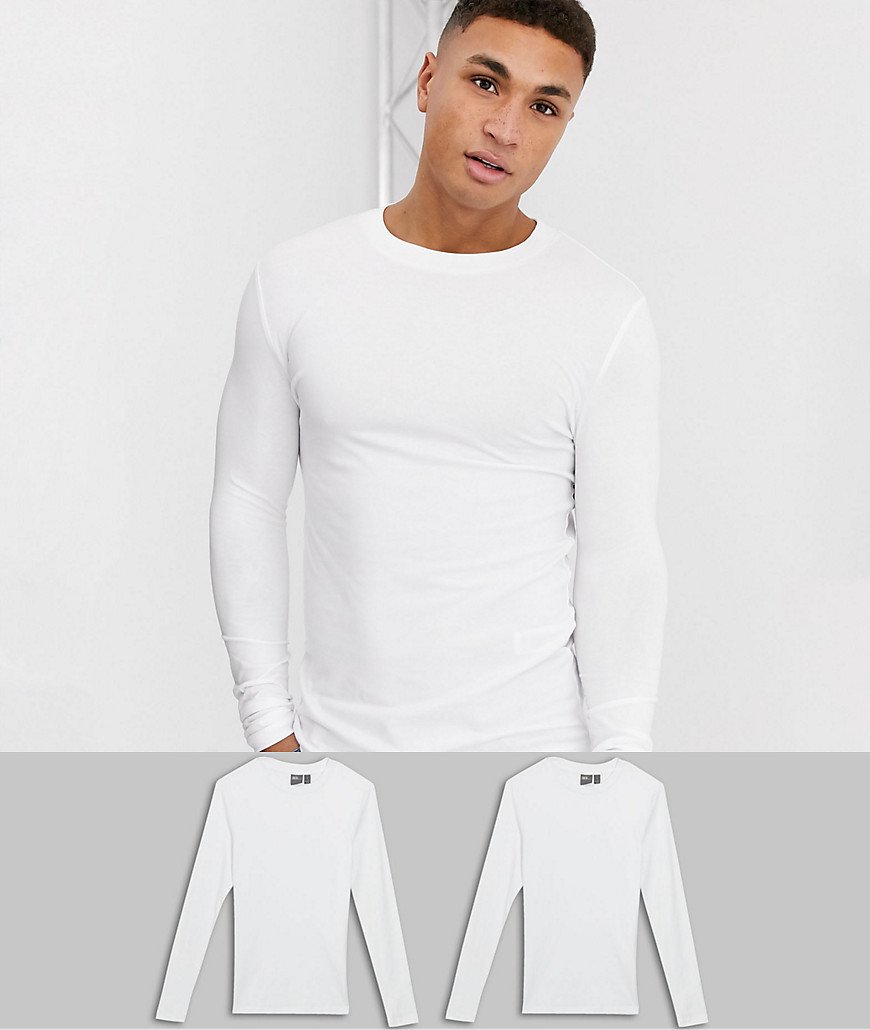 ASOS DESIGN - Voordeelset van 2 muscle fit T-shirts met ronde hals en lange mouwen-Wit