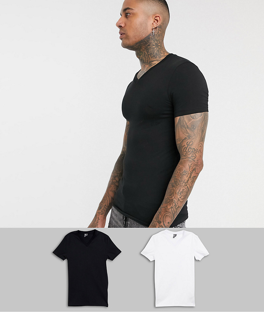 ASOS DESIGN - Voordeelset van 2 muscle fit T-shirts met V-hals-Multi