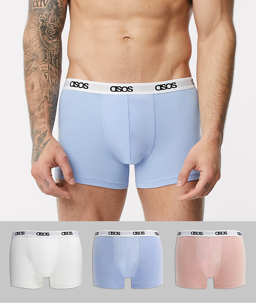 ASOS DESIGN - Voordeelset van 3 boxershorts met contrasterende tailleband met branding in roze, blauw en wit-Multi