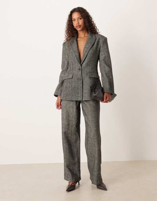 ASOS DESIGN - Vormgevende nette blazer van wolmix met geborsteld visgraatmotief in zwart-wit, 2 van 4