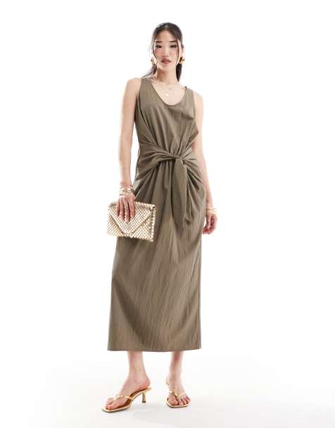 ASOS DESIGN – Vorn gebundenes Midikleid in Khaki mit U-Ausschnitt - view 1