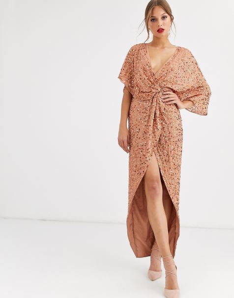 ASOS DESIGN – Vorn geknotetes Maxikleid im Kimono-Stil mit Pailletten-Verzierung
