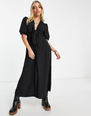 ASOS DESIGN - Vorn geschnürtes Midikleid in Schwarz mit Knopfleiste