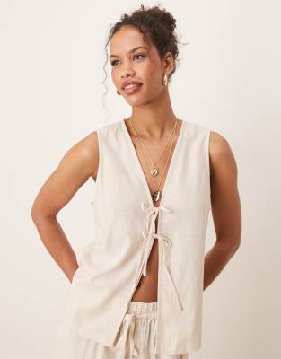 ASOS DESIGN - Vorne gebundene Weste mit Leinenanteil in Steinbeige, Kombiteil-Neutral