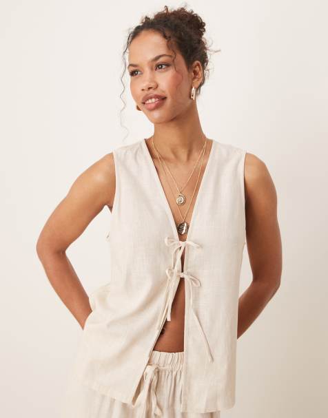 ASOS DESIGN – Vorne gebundene Weste mit Leinenanteil in Steinbeige, Kombiteil - view 1