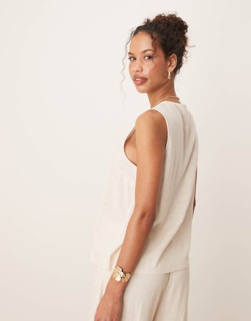 ASOS DESIGN – Vorne gebundene Weste mit Leinenanteil in Steinbeige, Kombiteil, 3 von 4