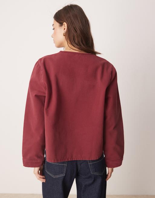 ASOS DESIGN – Vorne gebundenes, langärmliges Denimoberteil in Burgunderrot, 2 von 4
