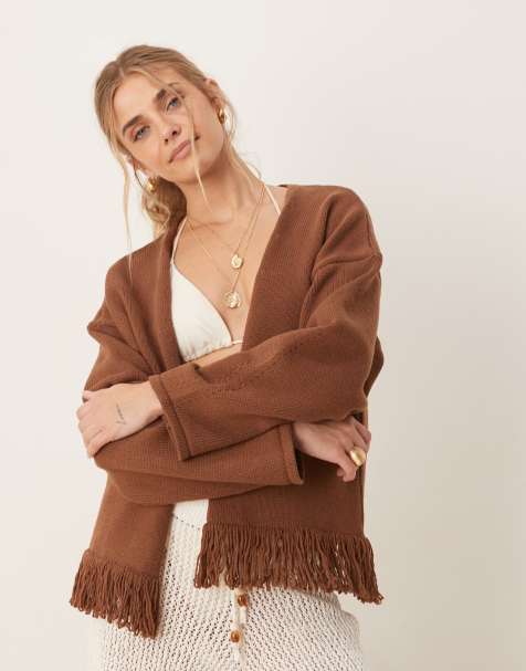 ASOS DESIGN – Vorne offene Strickjacke in Rostrot mit Fransen - view 1