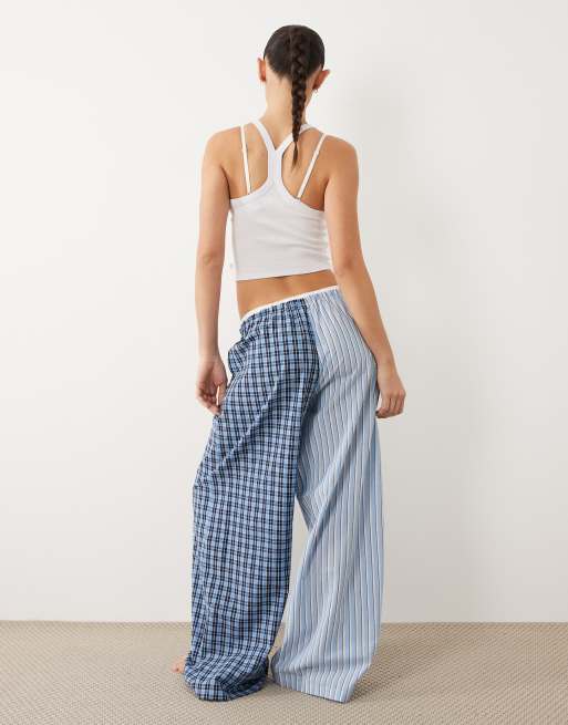 ASOS DESIGN - Vævede pyjamasbukser med dobbelt taljebånd og splejset design med blå striber og tern, 4 af 4