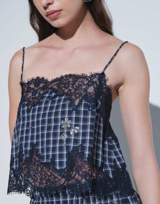 ASOS DESIGN vævet cami med pynt og blondkant i blå ternet print, 4 af 4