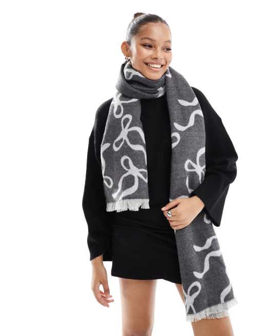 ASOS DESIGN - Vævet gråt tørklæde i jacquard med abstrakt sløjfedesign