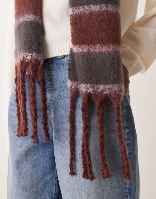 ASOS DESIGN - Vævet halstørklæde med stribet bordeaux/multi-design og børstet finish, 2 af 3
