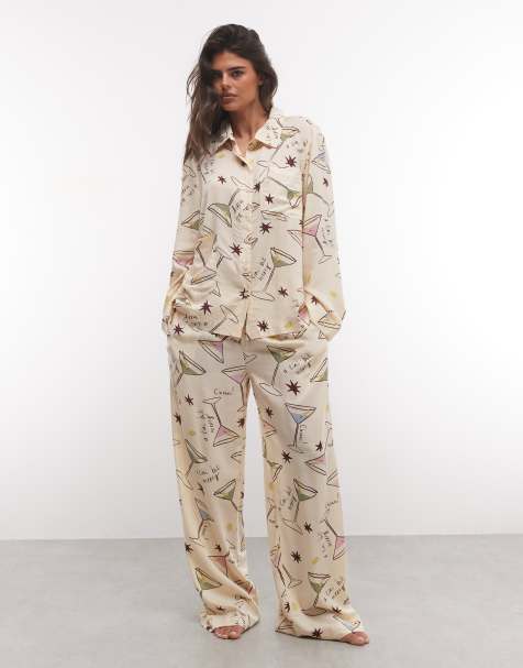 ASOS DESIGN vævet modal pyjamasæt med lange ærmer og cocktailprint - view 1