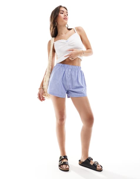 ASOS DESIGN - Vævet pyjamassæt med cami og boksershorts med striber i blå - view 1