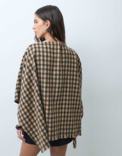 ASOS DESIGN vævet ternet kappe i kamelfarvet og blå, 5 af 5