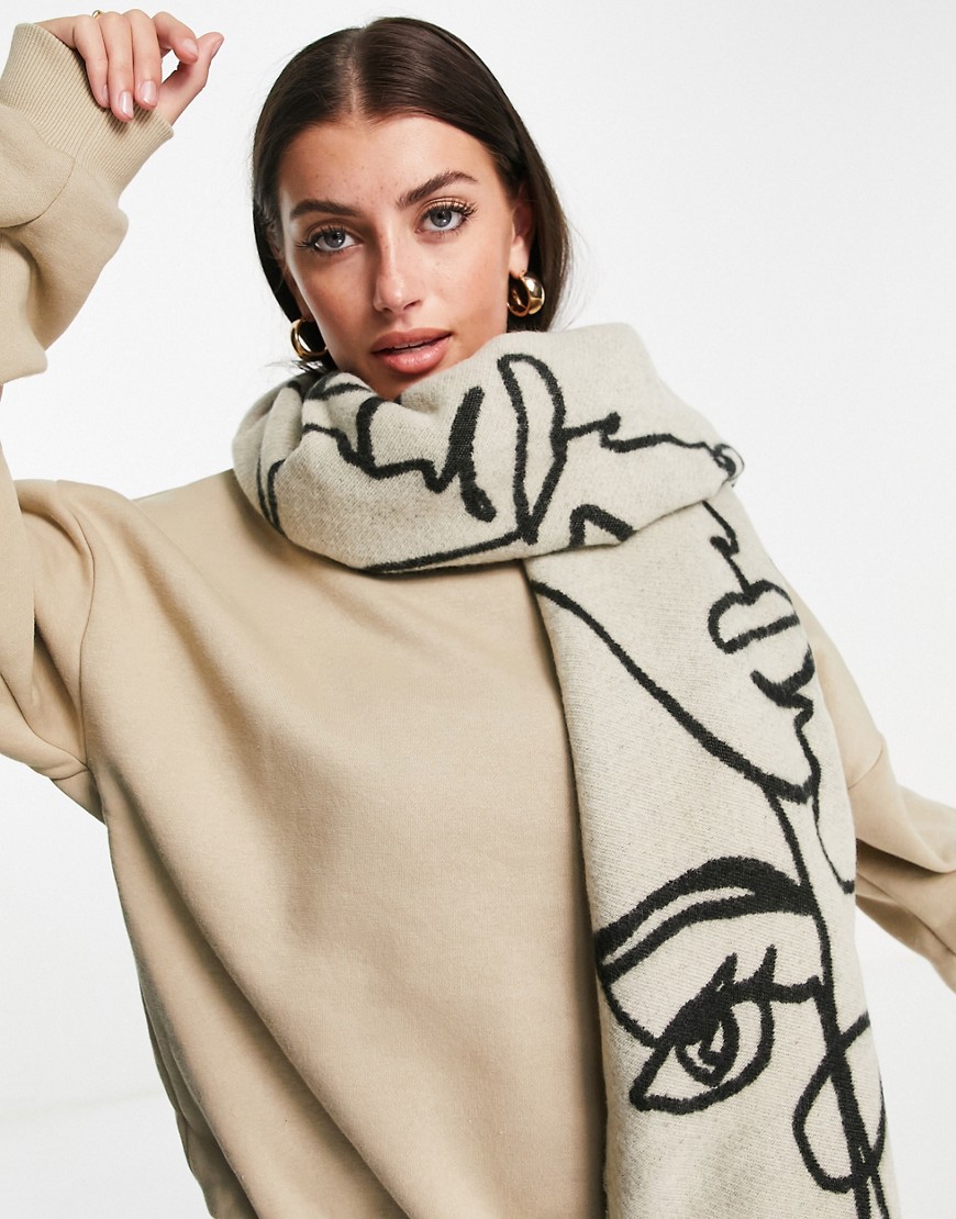 ASOS DESIGN - Vævet tørklæde med abstrakt ansigtsprint i beige og sort jacquard-Multifarvet