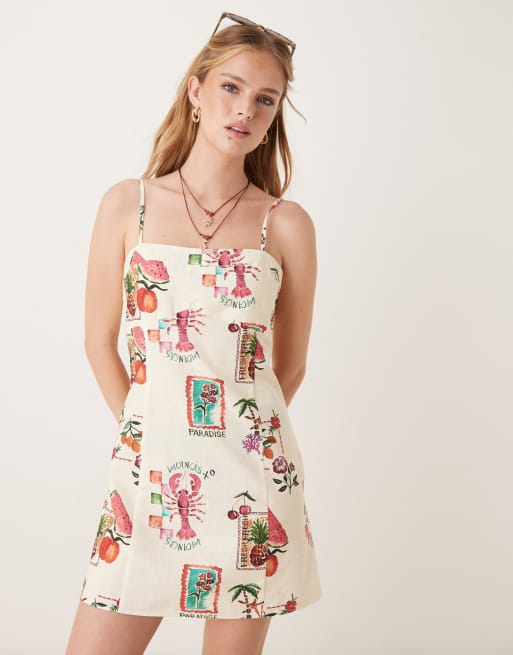 ASOS DESIGN – Vykortsmönstrad, blockfärgad miniklänning med axelband i linne och bomull, 4 av 4