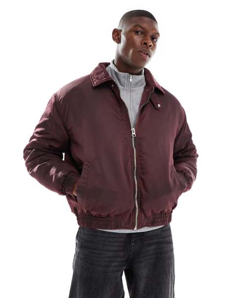 ASOS DESIGN wadded bomber jacket in washed burgundy - view 1
