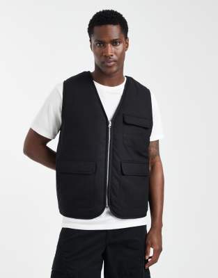 Asos Design Wadded Utility Vest With Quilting In Black