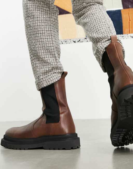 ASOS DESIGN Wadenhohe Chelsea Stiefel aus braunem Leder mit Schichtsohle ASOS