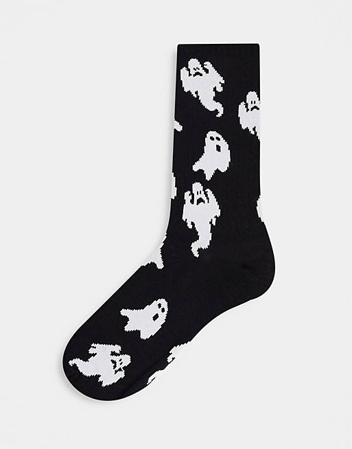ASOS DESIGN – Wadenlange, gerippte Socken in Schwarz mit Gespenster-Design