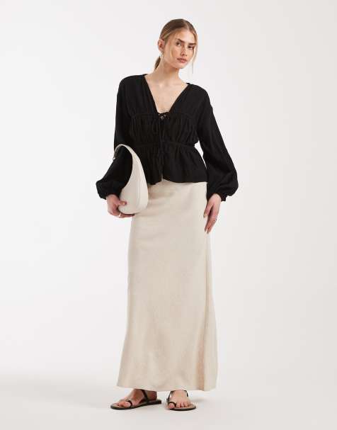 ASOS DESIGN – Wadenlanger Leinenrock in Steinbeige mit asymmetrischem Schnitt - view 1